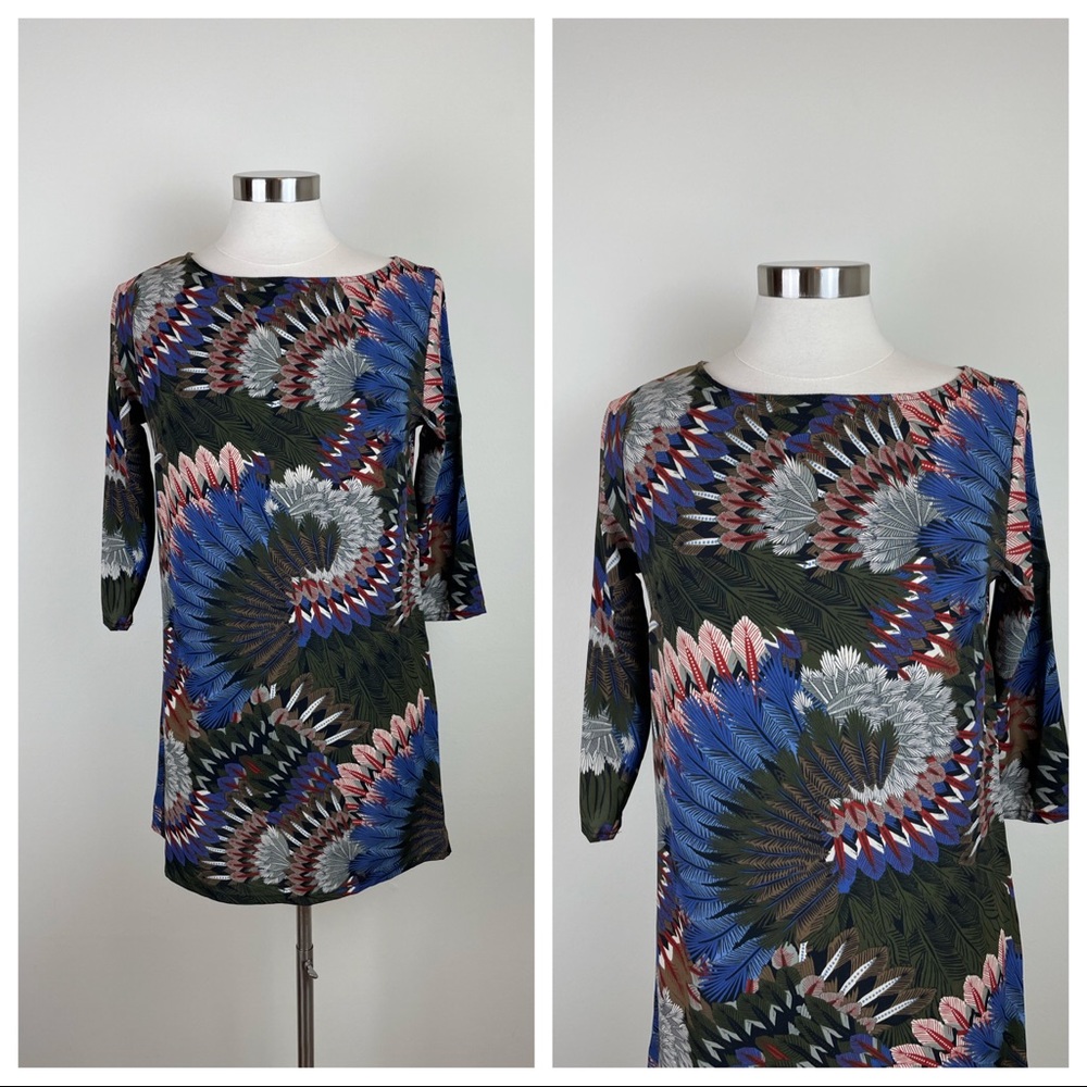 Tyche Green Blue Feather Geometric Dress Women Small Made In USA